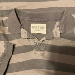 EDDIE BAUER CLASSIC COTTON SLUB FADED TAUPE BROWN BLOCK STRIPED POLO MEN SMALL